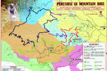 Mappa degli Itinerari "Mountain Bike" nel territorio della Ex Comunità Montana Alto Canavese: Canischio, Prascorsano, San Colombano B.te, Forno, ecc.